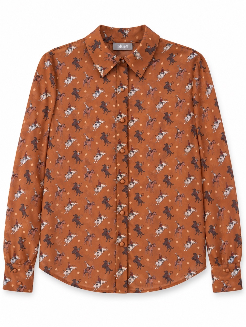 NEW blue b Brown Western Chiffon Rodeo Cowboy Horse Bull Star Button Up Shirt